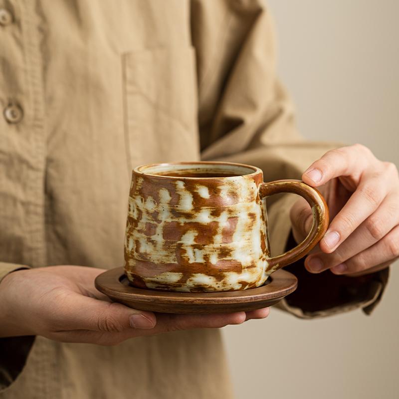 Rustic Ember – Handcrafted Ceramic Coffee Cup with Wooden Saucer