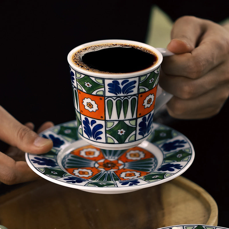 Garden Mosaic Elegance – Hand-Painted Porcelain Coffee Cup & Saucer Set