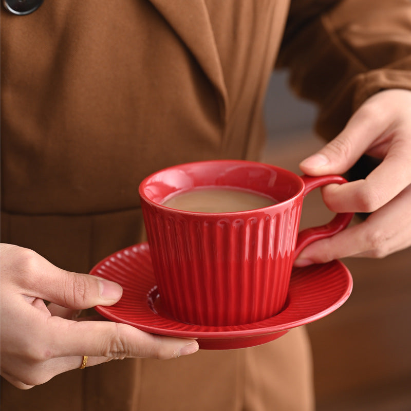 Ripple Glow – Vintage Red Ceramic Coffee Cup & Saucer Set