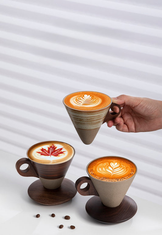 Funnel Balance – Handcrafted Rustic Ceramic Coffee Cup with Wooden Saucer