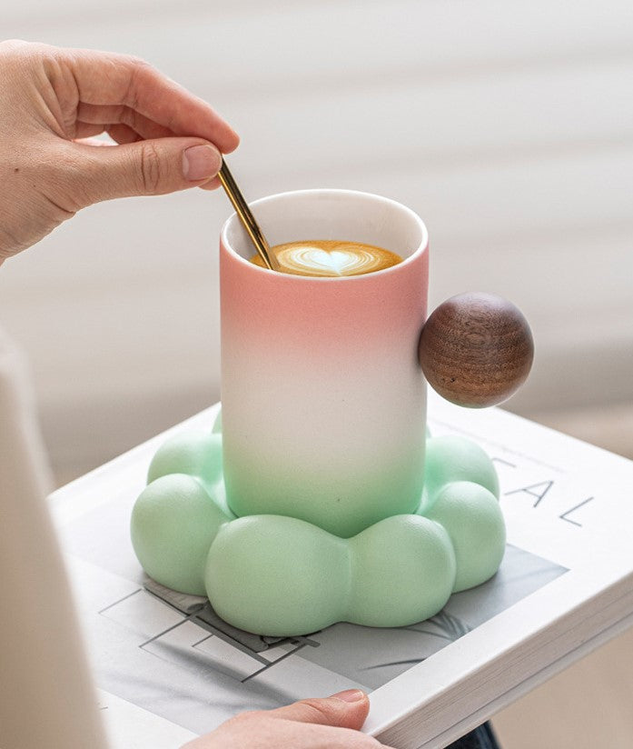 Cloud & Orb – Handcrafted Porcelain Mug with Wooden Sphere Handle & Saucer