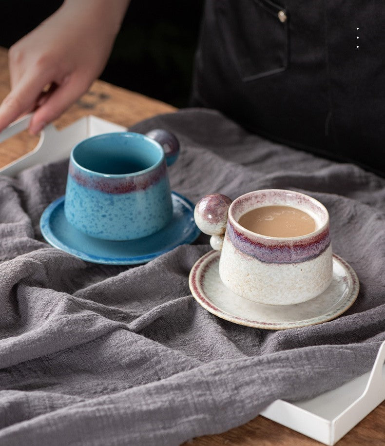 Orb-Handled Harmony – Handcrafted Kiln-Change Porcelain Coffee Cup & Saucer Set