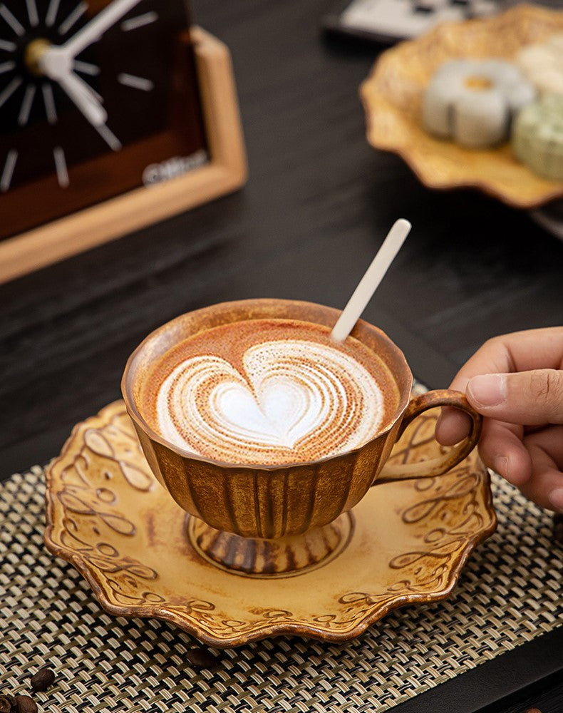 Rustic Petal Harmony – Handcrafted Porcelain Coffee Cup & Saucer Set