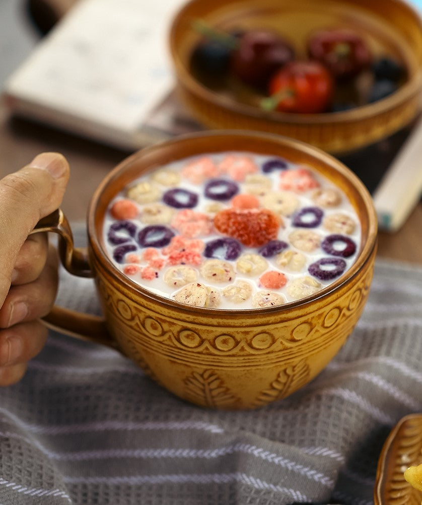 Golden Relief Elegance – Handcrafted Ceramic Coffee Mug & Saucer Set