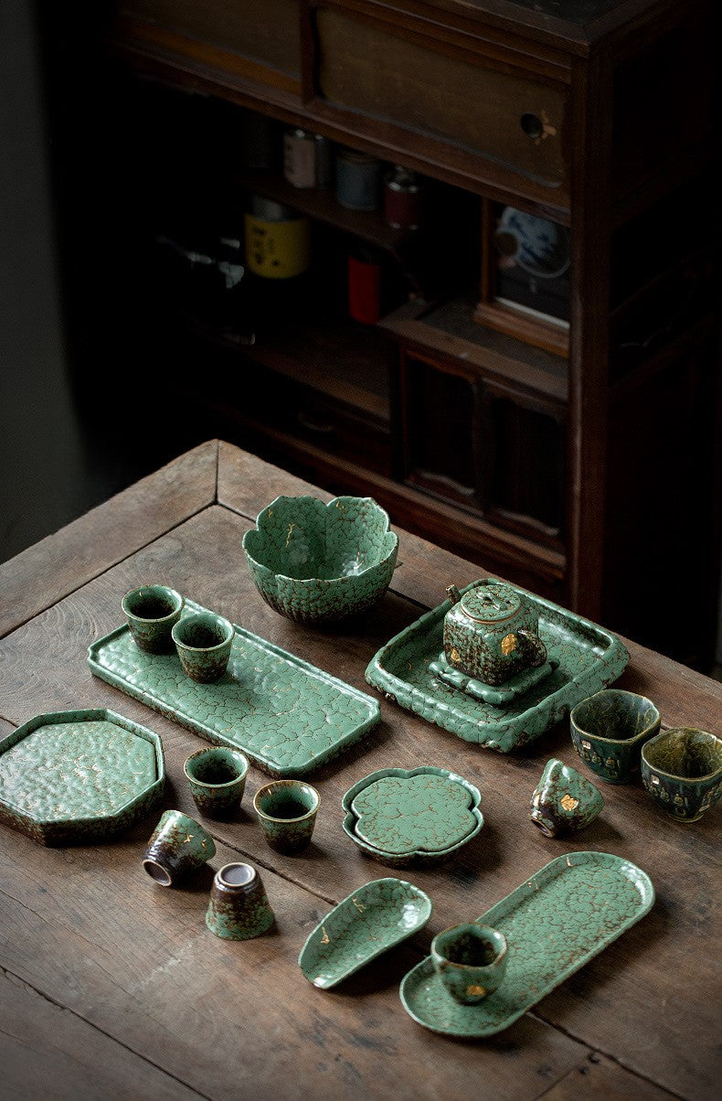 Echoes of Dunhuang — Handmade Qing Moss Rock Glaze Teacup & Teapot Set