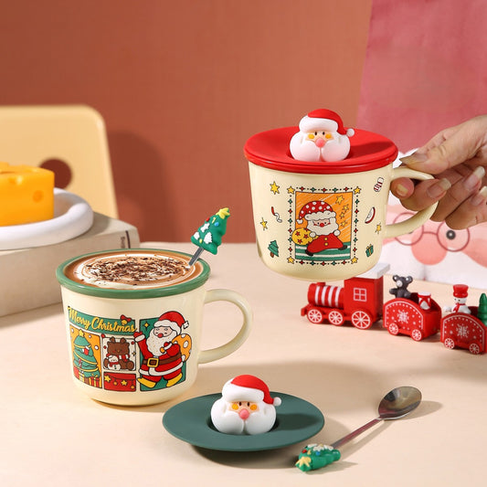 Santa Joy – Handcrafted Christmas Ceramic Mug with Lid & Spoon