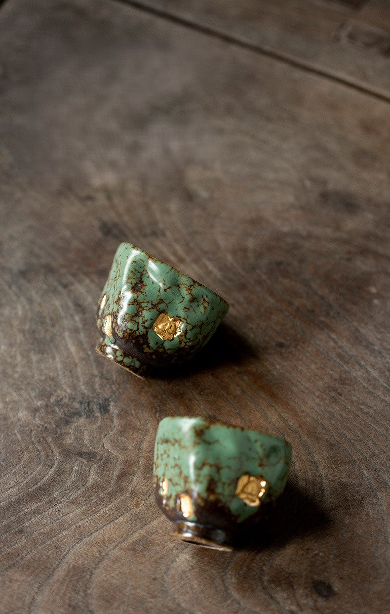 Echoes of Dunhuang — Handmade Qing Moss Rock Glaze Teacup & Teapot Set