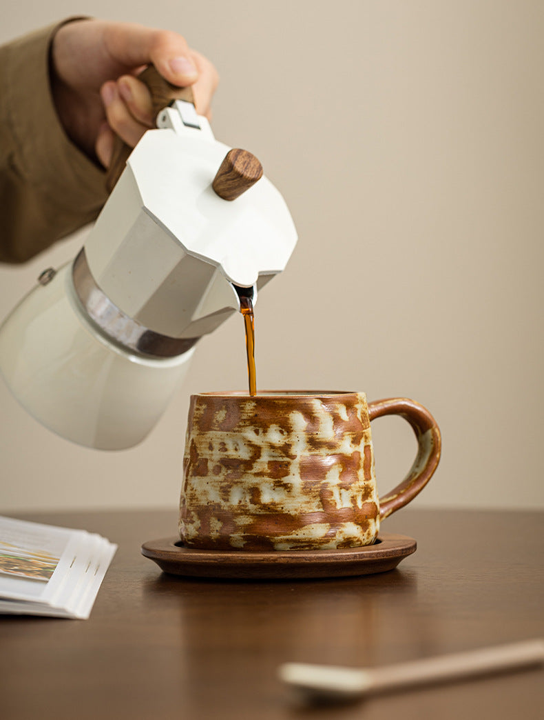 Rustic Ember – Handcrafted Ceramic Coffee Cup with Wooden Saucer