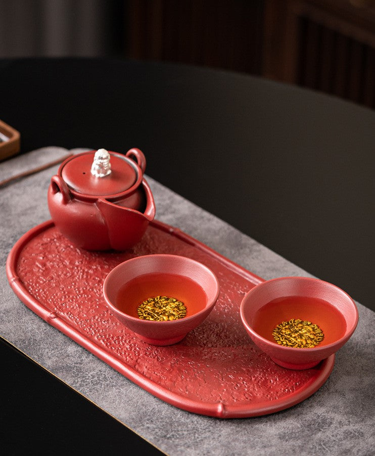 Four Seasons Peace — Handcrafted Ceramic Tea Cup Set with Forbidden City Red glaze