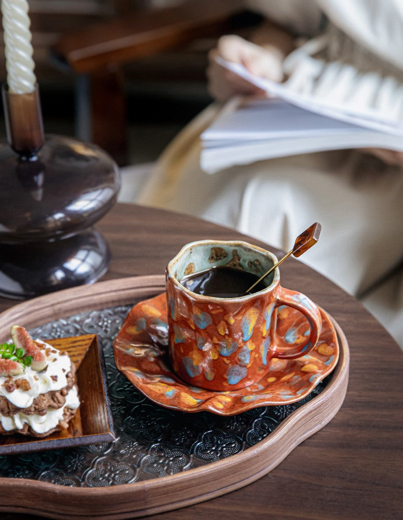 Crimson Bloom – Handcrafted Rustic Ceramic Coffee Cup & Saucer Set