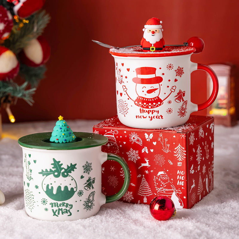 Merry Cheer Collection – Handcrafted Ceramic Christmas Mug with Lid & Spoon Gift Set