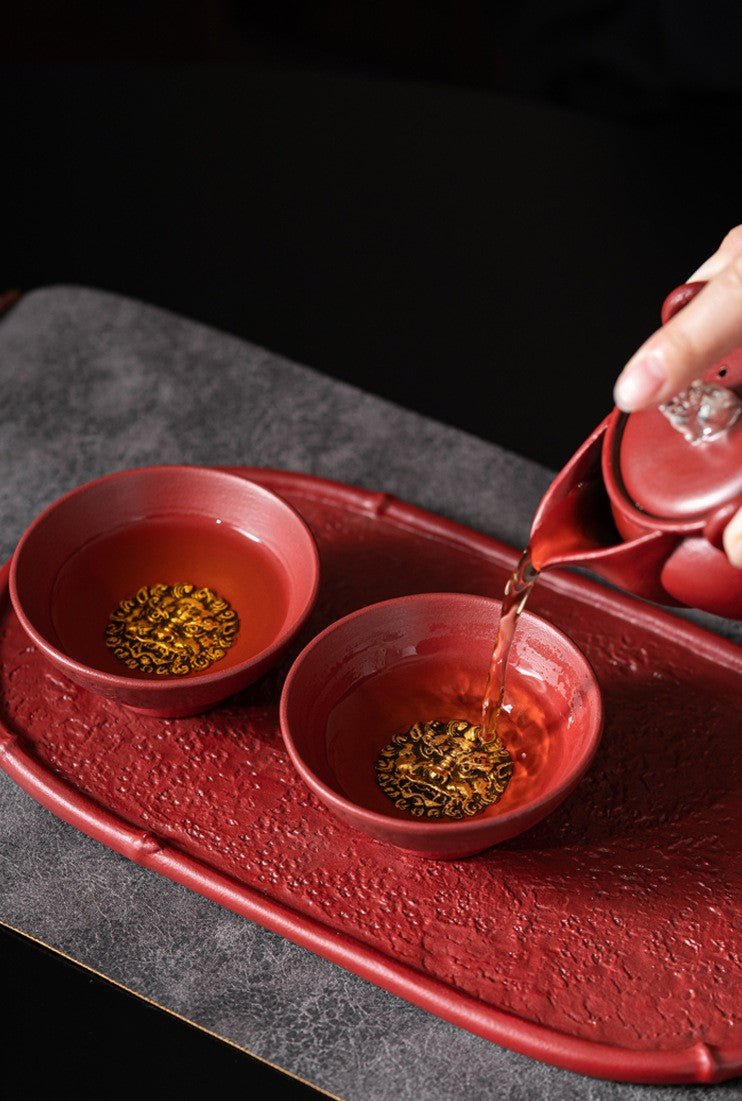 Four Seasons Peace — Handcrafted Ceramic Tea Cup Set with Forbidden City Red glaze