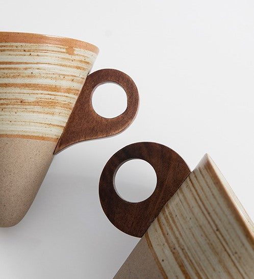 Funnel Balance – Handcrafted Rustic Ceramic Coffee Cup with Wooden Saucer