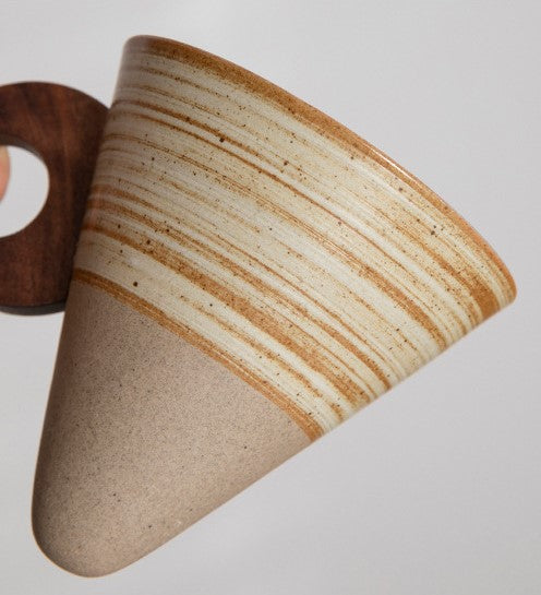 Funnel Balance – Handcrafted Rustic Ceramic Coffee Cup with Wooden Saucer