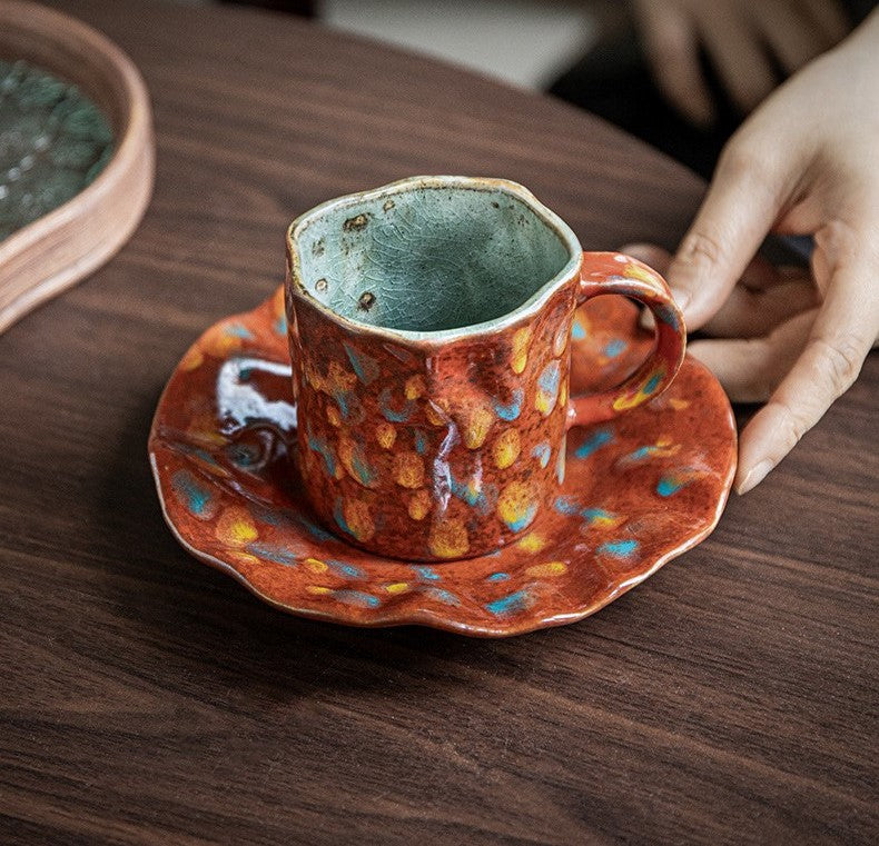 Crimson Bloom – Handcrafted Rustic Ceramic Coffee Cup & Saucer Set