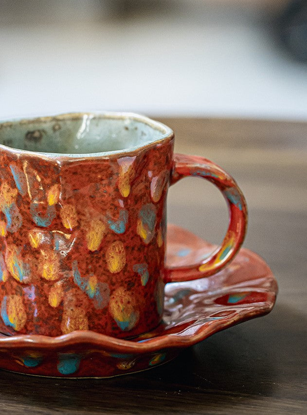 Crimson Bloom – Handcrafted Rustic Ceramic Coffee Cup & Saucer Set