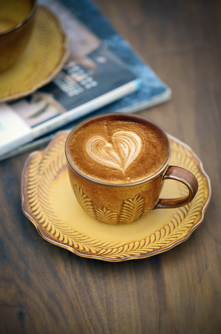 Golden Grain Elegance – Handcrafted Porcelain Coffee Cup & Saucer Set