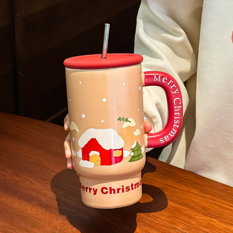 Holiday Hug – Large Christmas Ceramic Mug with Lid & Straw Gift Cup