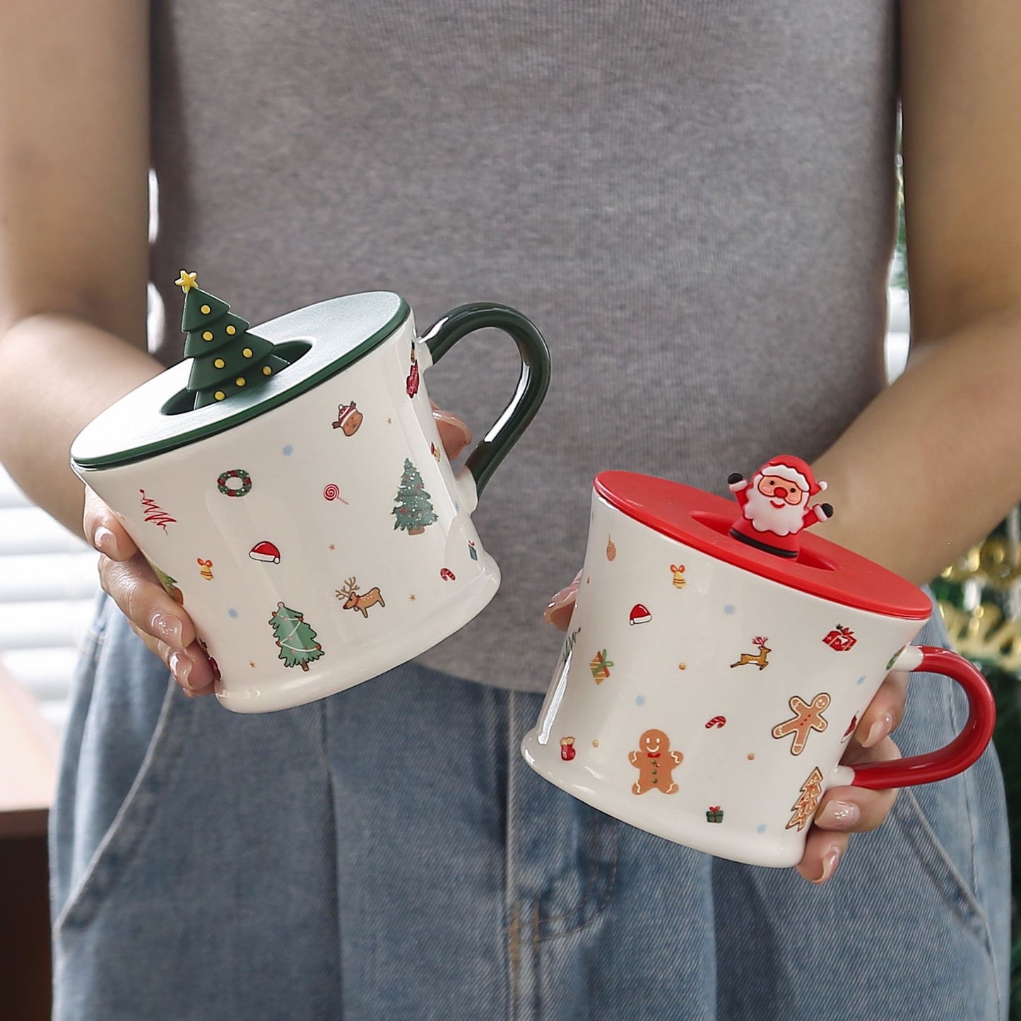 Holiday Cheer Charm – Handcrafted Christmas Ceramic Mug with Lid & Spoon Gift Cup