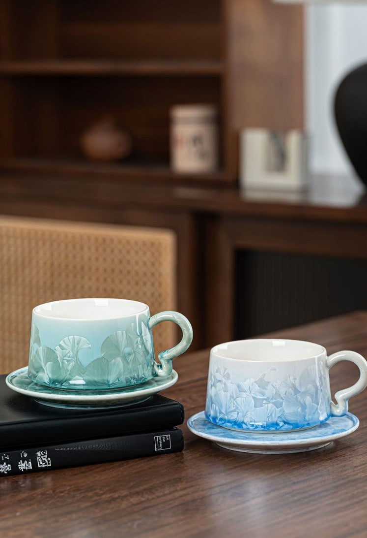 Crystal Bloom – Handcrafted Porcelain Coffee Cup & Saucer with Frosted Glaze