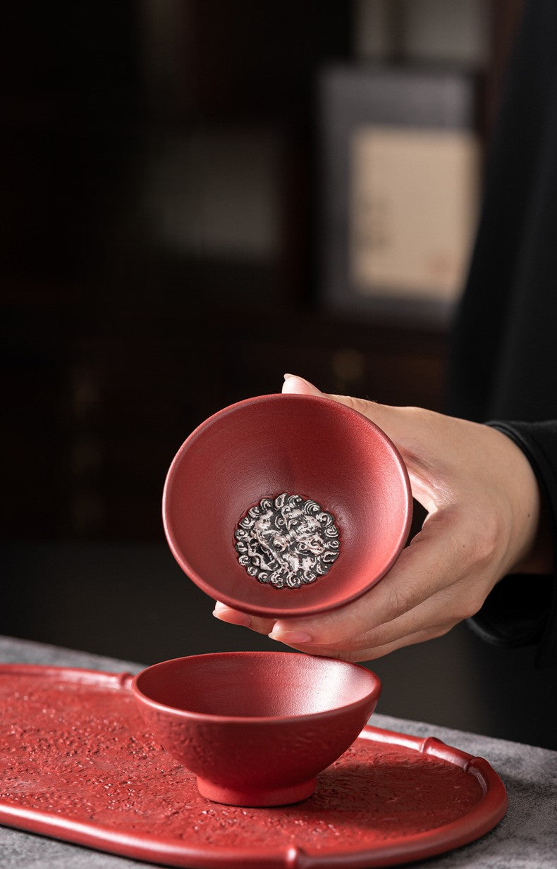Four Seasons Peace — Handcrafted Ceramic Tea Cup Set with Forbidden City Red glaze