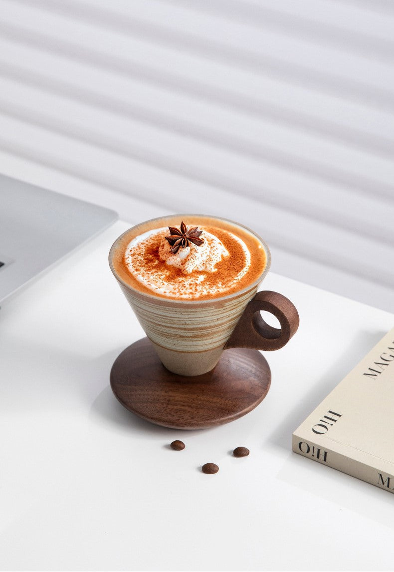 Funnel Balance – Handcrafted Rustic Ceramic Coffee Cup with Wooden Saucer
