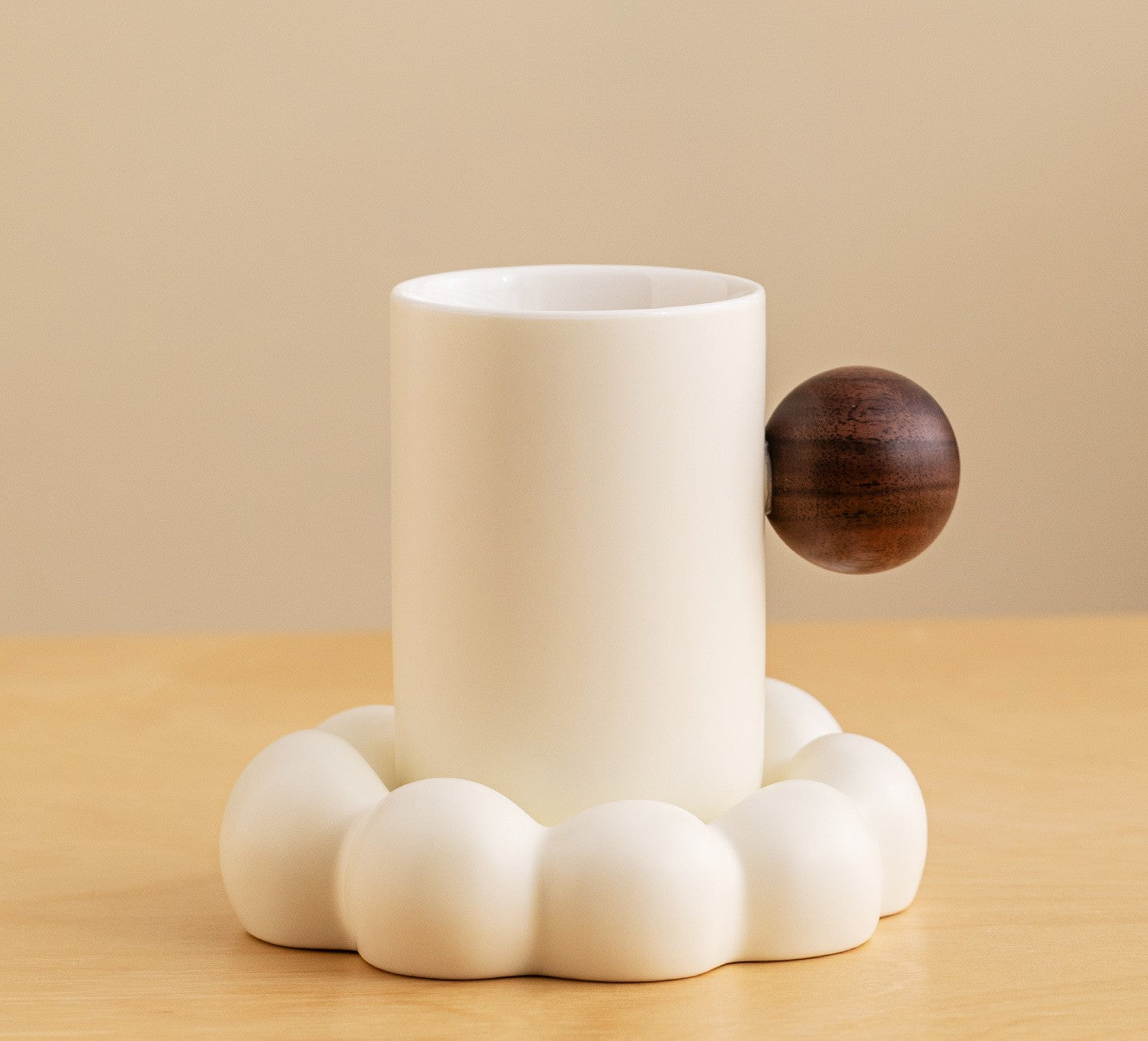 Cloud & Orb – Handcrafted Porcelain Mug with Wooden Sphere Handle & Saucer