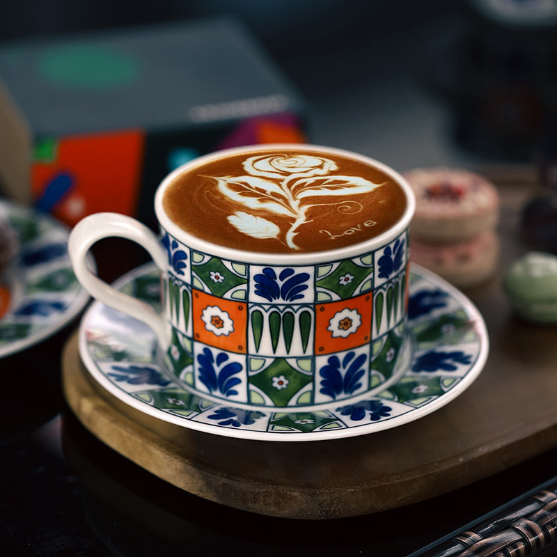Garden Mosaic Elegance – Hand-Painted Porcelain Coffee Cup & Saucer Set