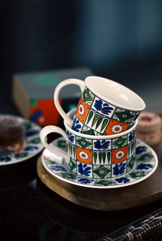 Garden Mosaic Elegance – Hand-Painted Porcelain Coffee Cup & Saucer Set