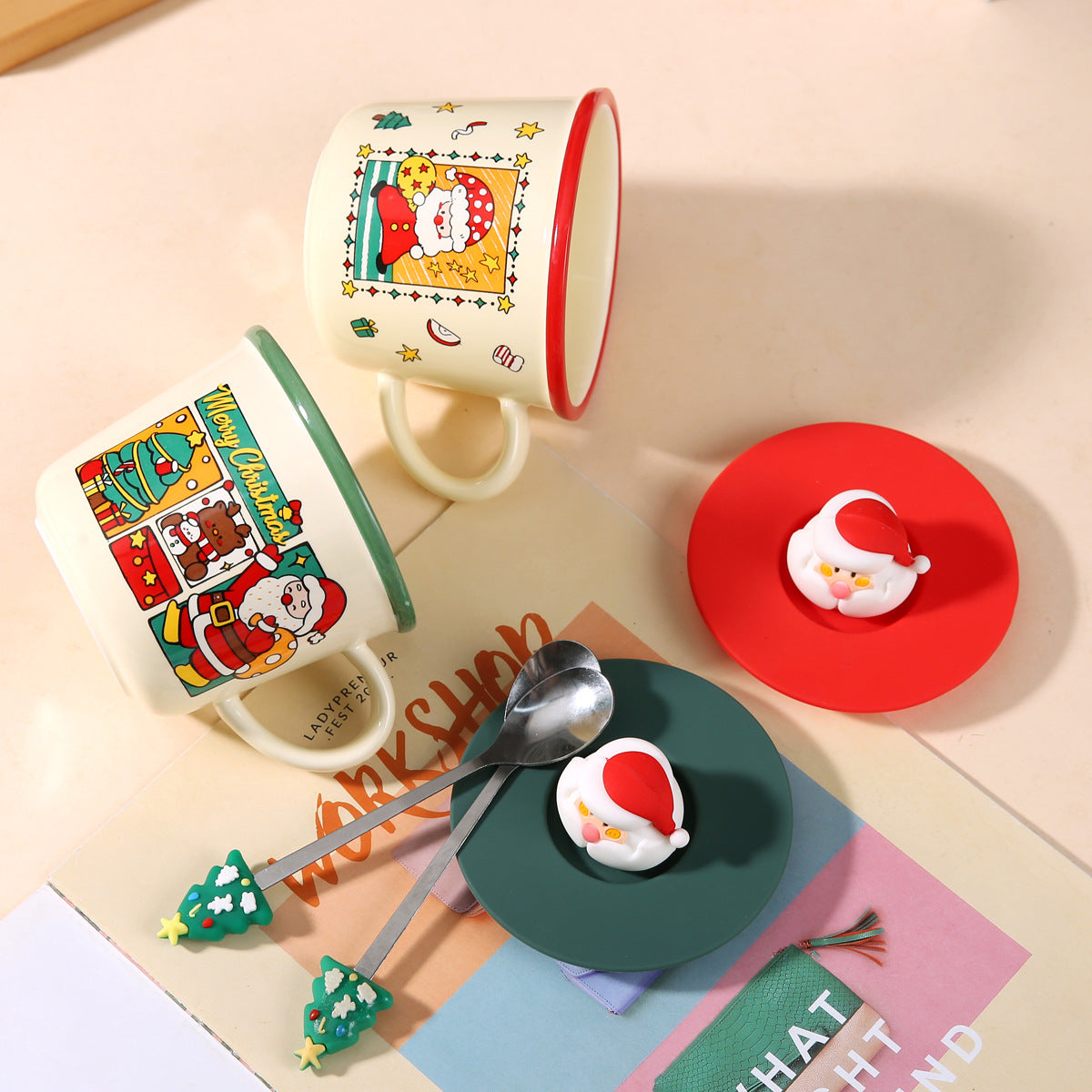 Santa Joy – Handcrafted Christmas Ceramic Mug with Lid & Spoon