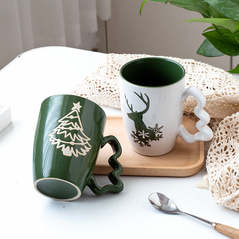 Nordic Charm – Handcrafted Christmas Ceramic Mug with Tree Handle Gift Cup