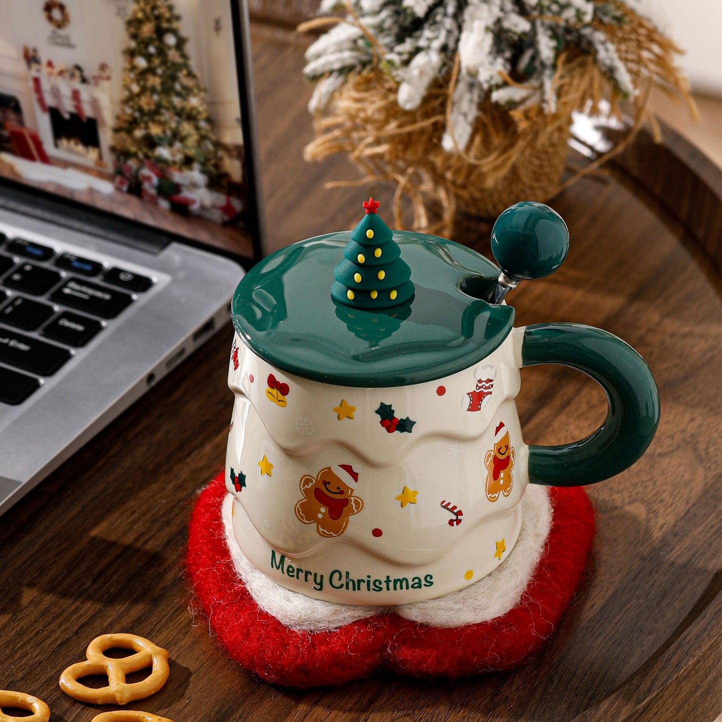 Merry Whimsy – Handcrafted Christmas Ceramic Mug with Lid & Spoon