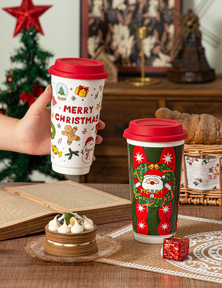 Holiday Grandeur – Large Christmas Ceramic Travel Mug with Lid Gift Set