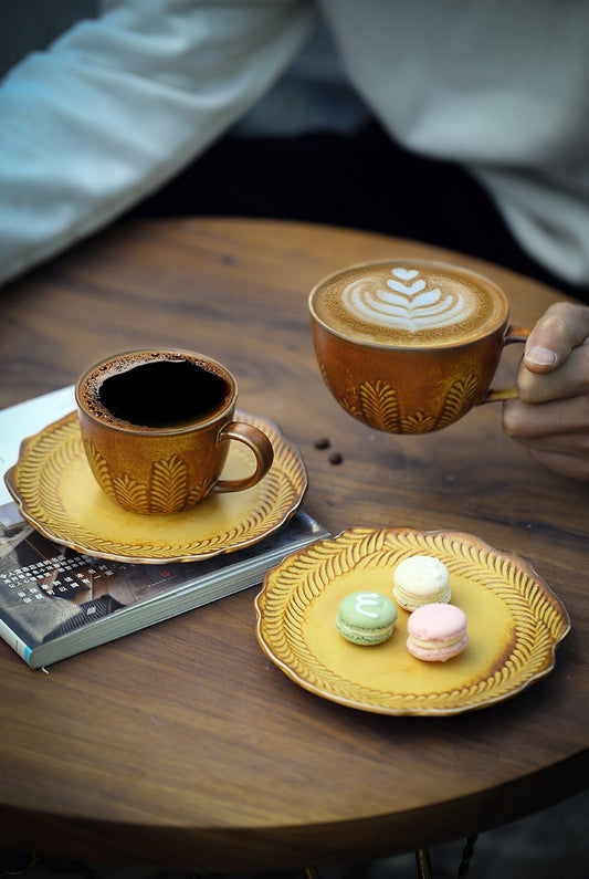Golden Grain Elegance – Handcrafted Porcelain Coffee Cup & Saucer Set