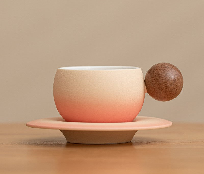 Orb Harmony – Handcrafted Ceramic Coffee Cup with Wooden Handle & Saucer