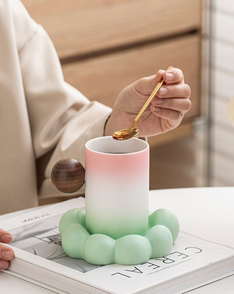 Cloud & Orb – Handcrafted Porcelain Mug with Wooden Sphere Handle & Saucer