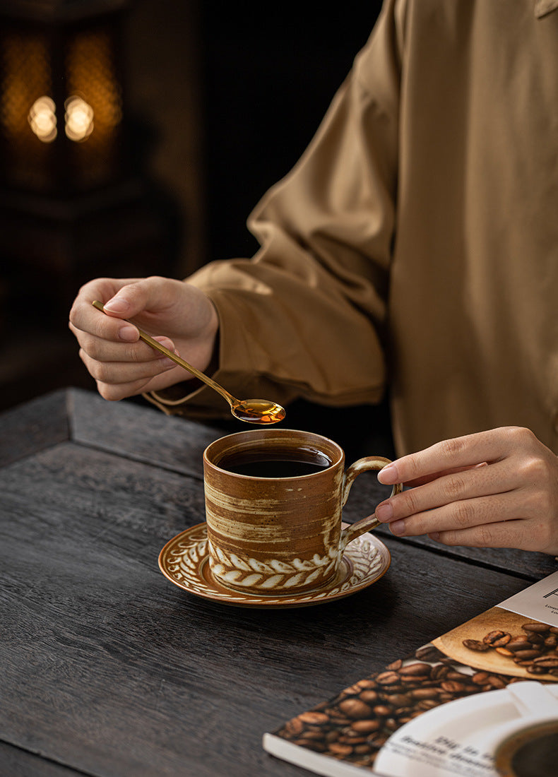 Wheat Harmony – Handcrafted Vintage Ceramic Coffee Cup & Saucer Set