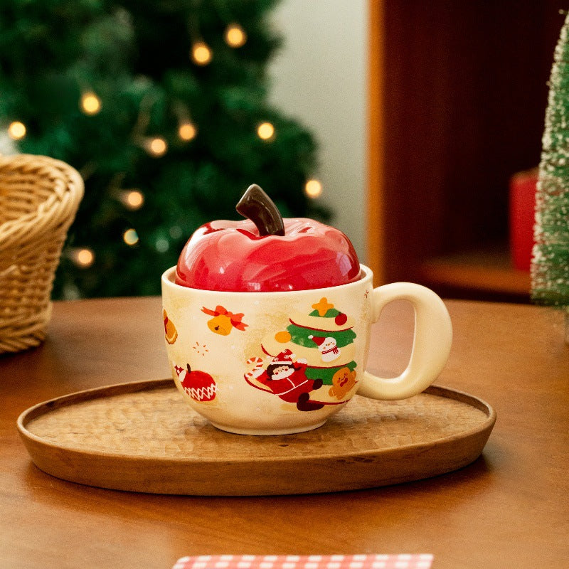 Festive Apple Charm – Handcrafted Christmas Ceramic Mug with Lid Gift Cup