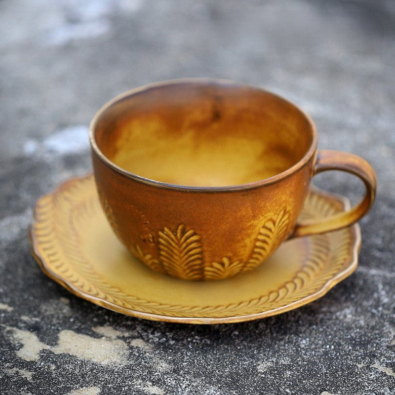 Golden Grain Elegance – Handcrafted Porcelain Coffee Cup & Saucer Set