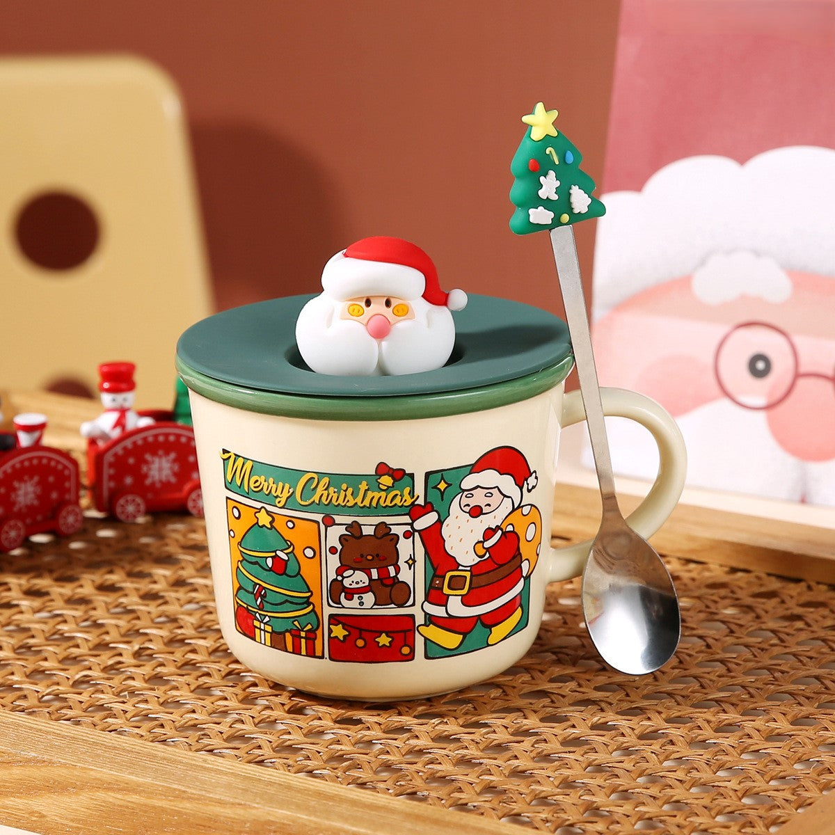 Santa Joy – Handcrafted Christmas Ceramic Mug with Lid & Spoon