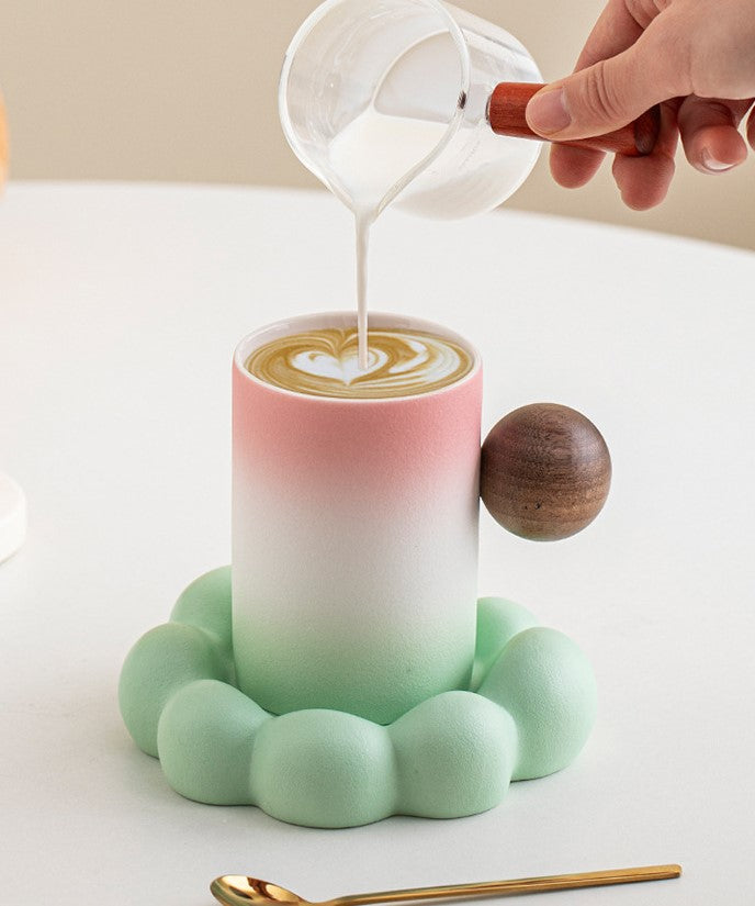 Cloud & Orb – Handcrafted Porcelain Mug with Wooden Sphere Handle & Saucer