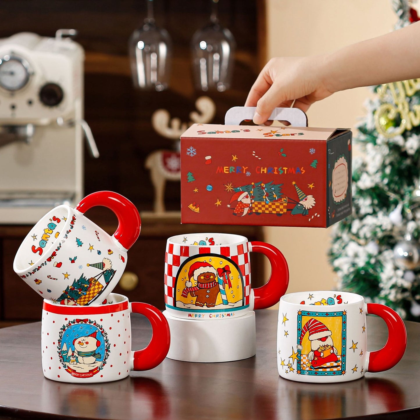 Merry Tales Charm – Handcrafted Christmas Ceramic Mug with Lid & Spoon Gift Cup