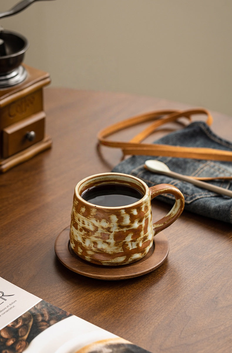 Rustic Ember – Handcrafted Ceramic Coffee Cup with Wooden Saucer