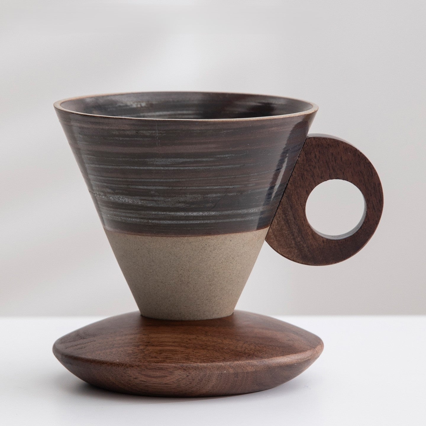 Funnel Balance – Handcrafted Rustic Ceramic Coffee Cup with Wooden Saucer