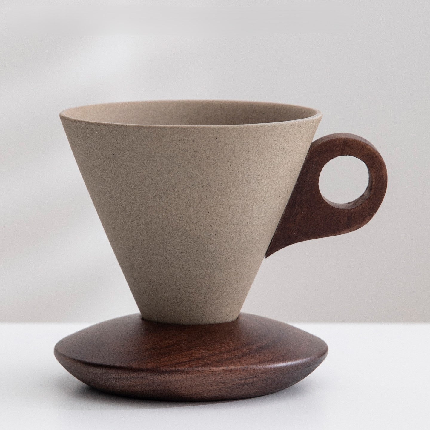 Funnel Balance – Handcrafted Rustic Ceramic Coffee Cup with Wooden Saucer
