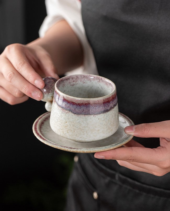 Orb-Handled Harmony – Handcrafted Kiln-Change Porcelain Coffee Cup & Saucer Set