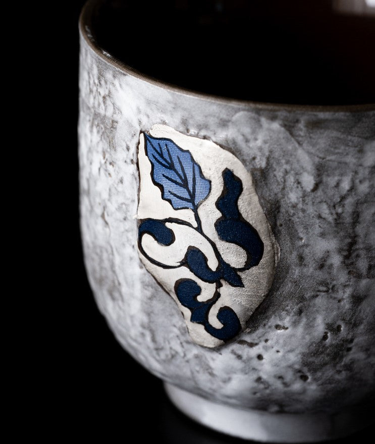 Gold And Silver Floral Emblems Ceramic Tea Cup Duo with Wooden Tray