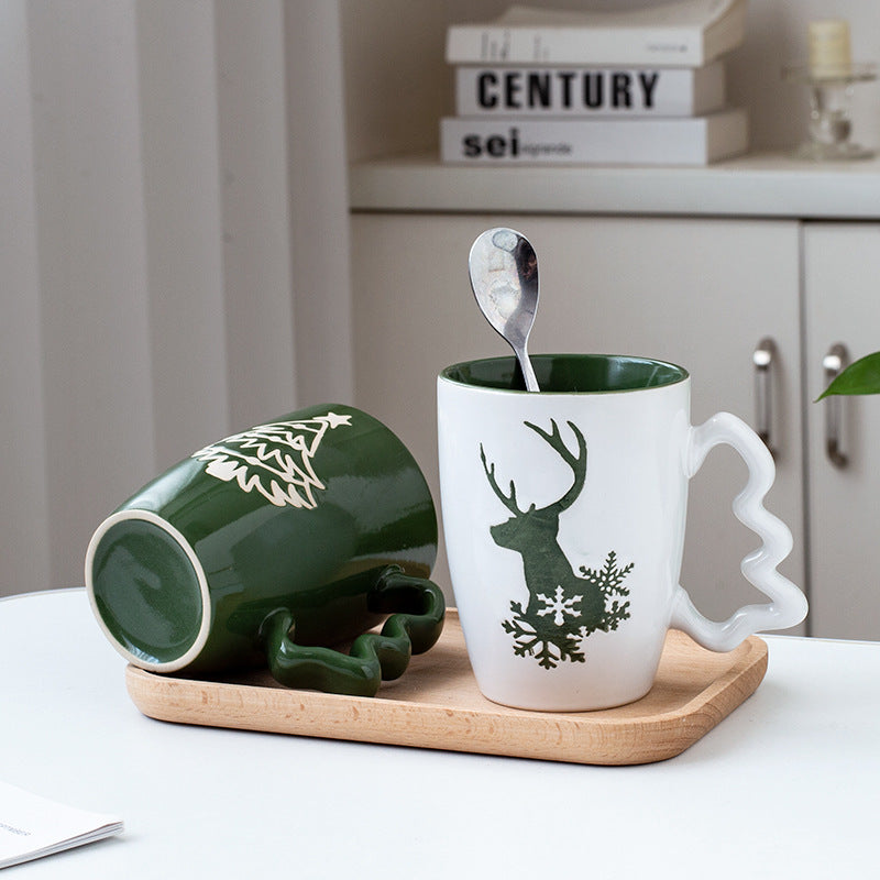 Nordic Charm – Handcrafted Christmas Ceramic Mug with Tree Handle Gift Cup