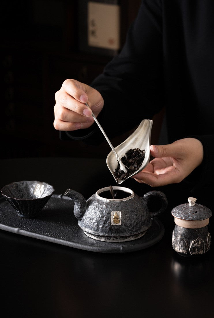 Dunhuang Reverie — Handcrafted Ceramic Tea Set with Silver Accents
