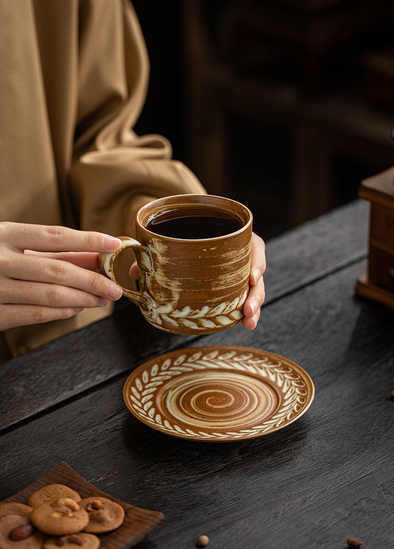 Wheat Harmony – Handcrafted Vintage Ceramic Coffee Cup & Saucer Set